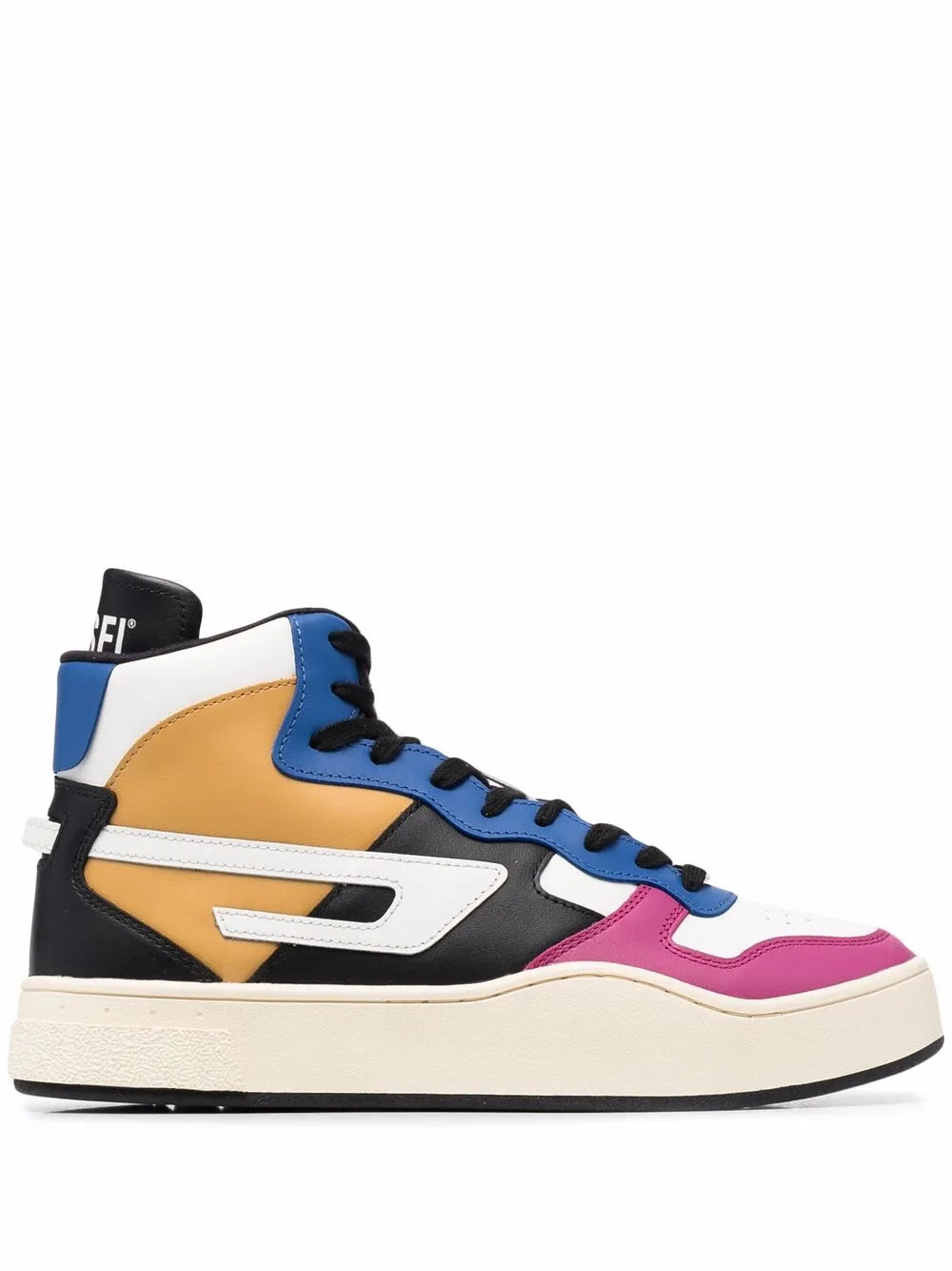 Diesel high-top leather sneakers in tan, blue, black, and magenta, lace-up