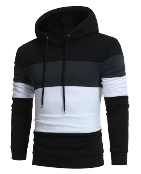 Men's color-block hoodie sweatshirt, black hood and sleeves with gray and white panels