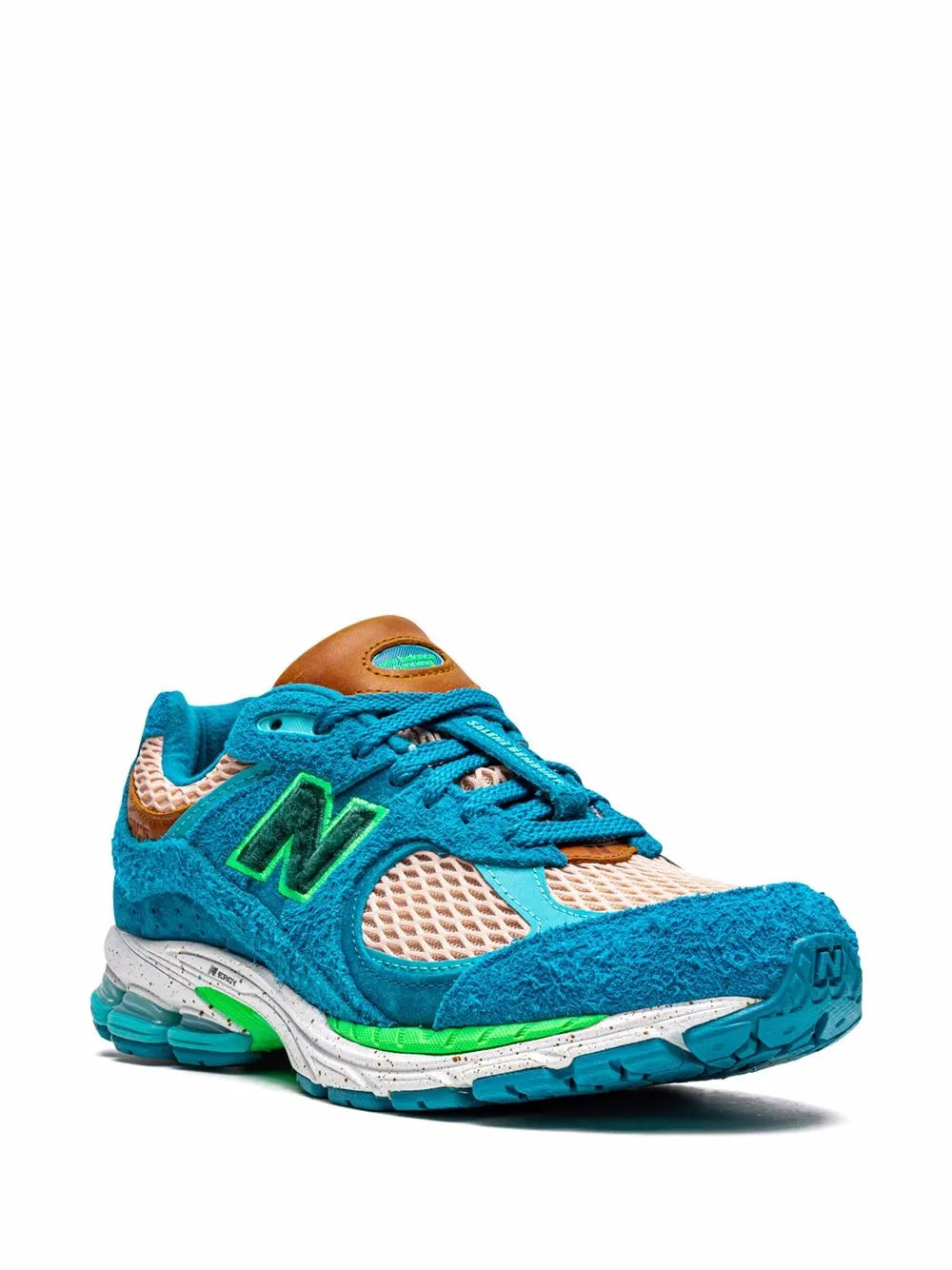 Turquoise low-top sneakers with green "N" logo, brown heel, and orange mesh panels