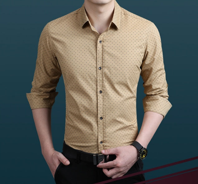 Men's dress shirt in khaki with small dot pattern, button-up collar and sleeves