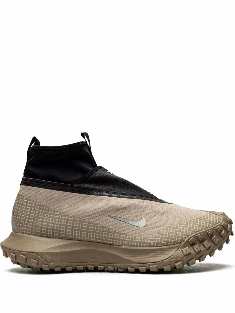 Nike ACG high-top sneakers with black collar, beige check knit upper, rugged tread sole