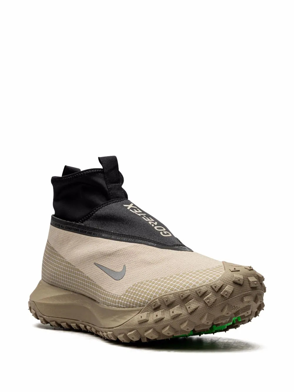 Nike ACG high-top sneaker in beige check knit with black heel, lace-up, green accents