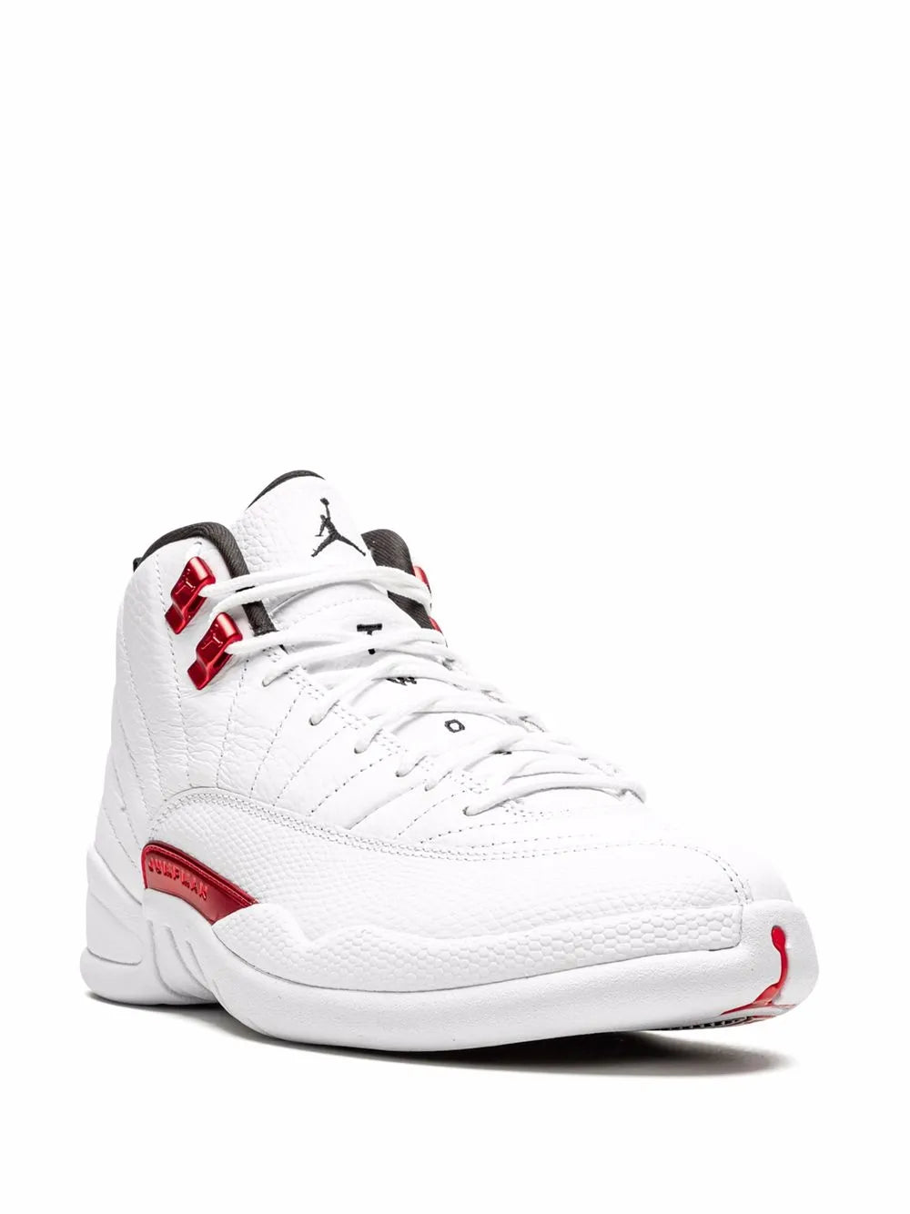 White high-top sneakers side view with red straps, lace-up, Air Jordan 12 Twist
