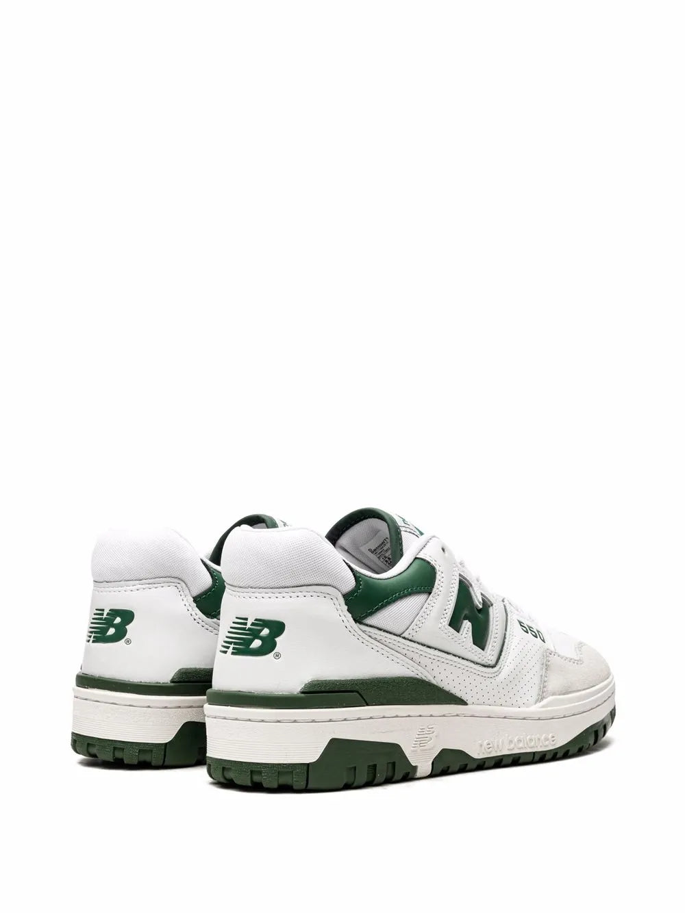 New Balance 550 low-top sneakers, heel and rear view in white with green accents