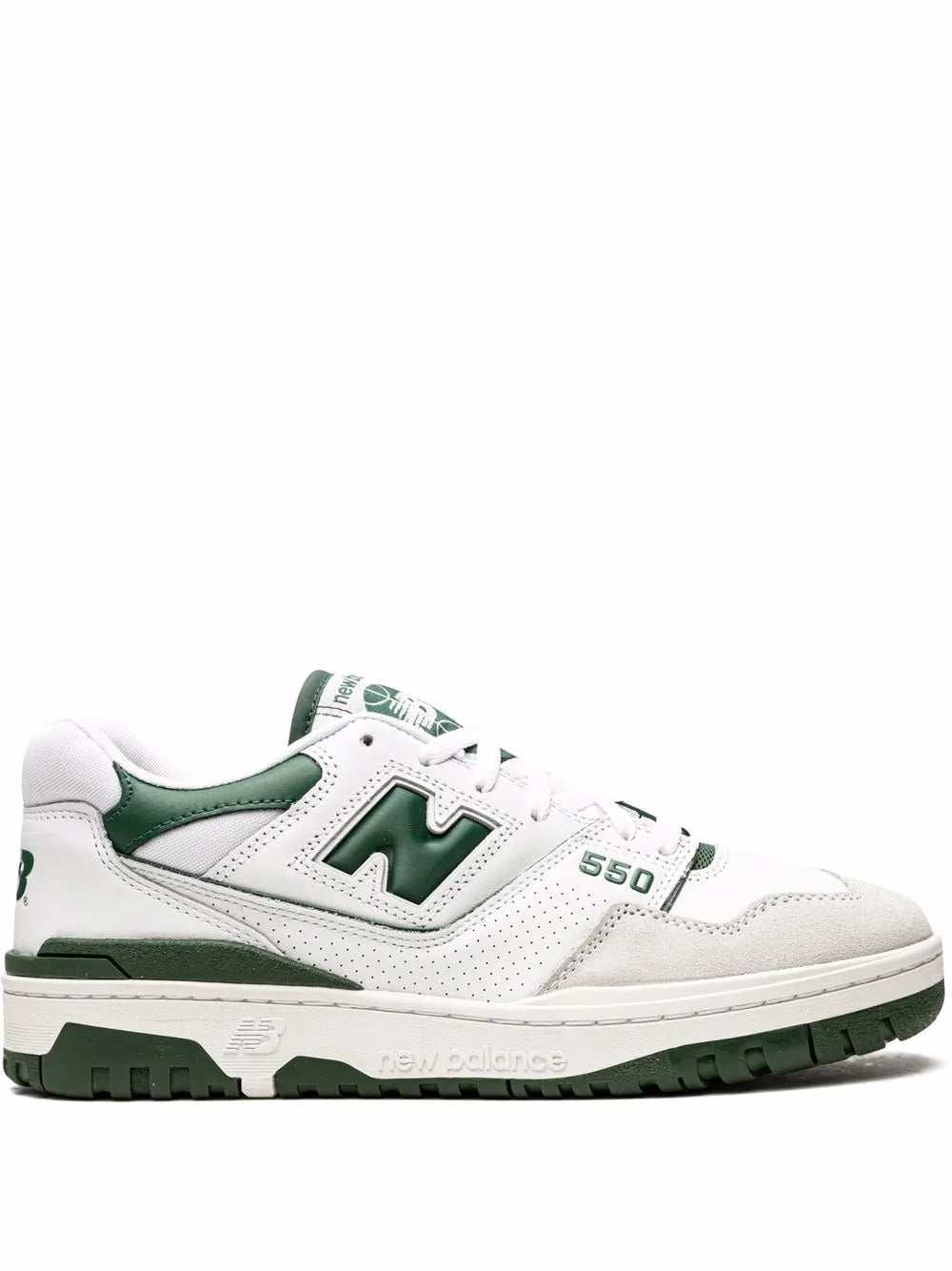 New Balance 550 low-top sneakers, white with forest green panels and laces