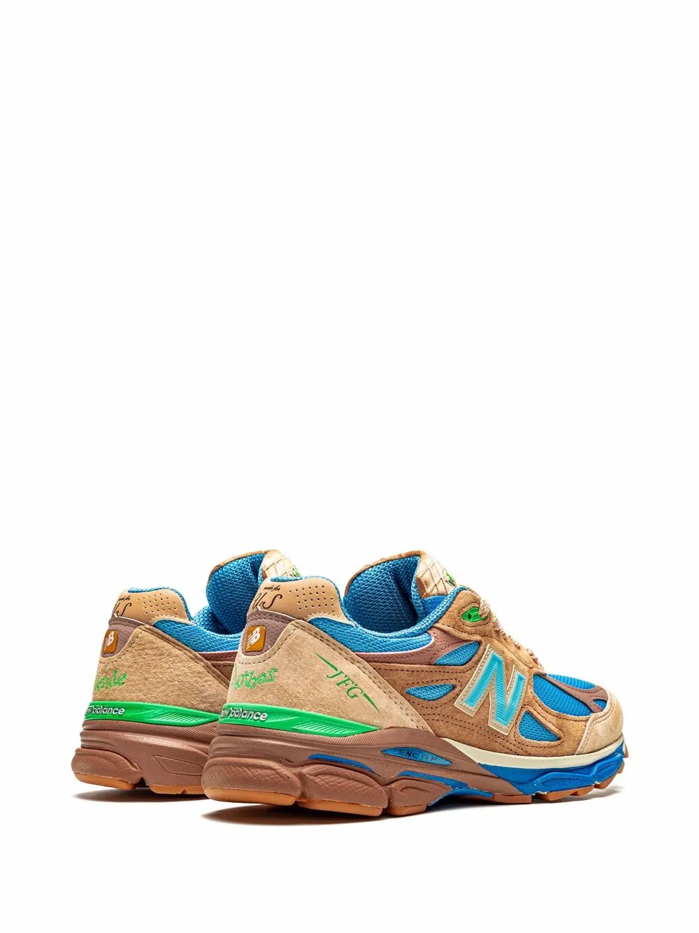 Beige and blue New Balance 990V3 sneakers with green accents, rear side view