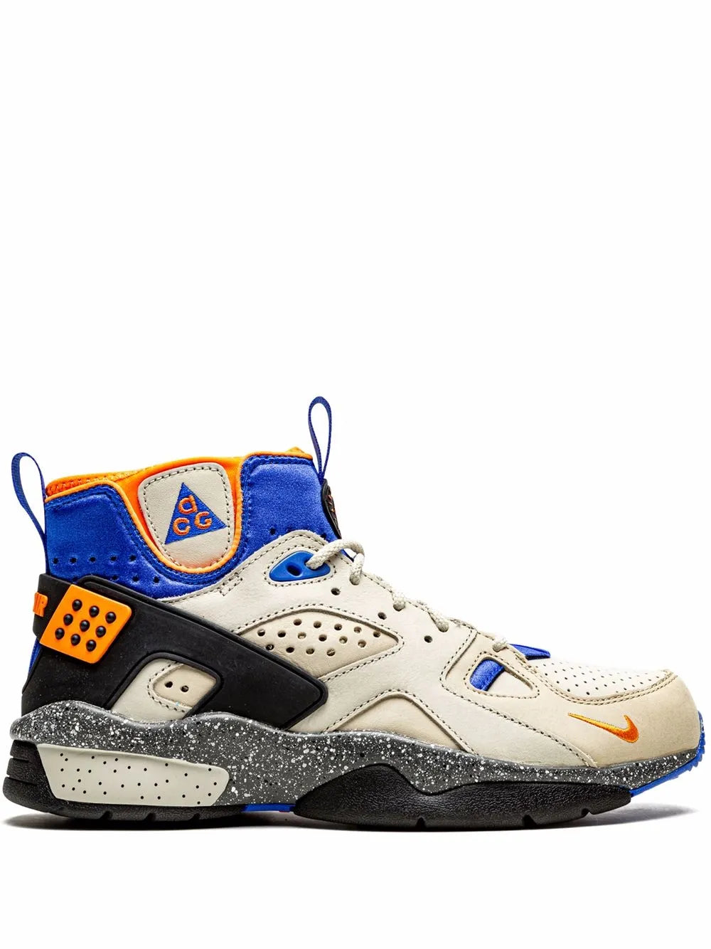 Multicolor low-top sneakers with cream upper, blue panels, orange accents, black sole