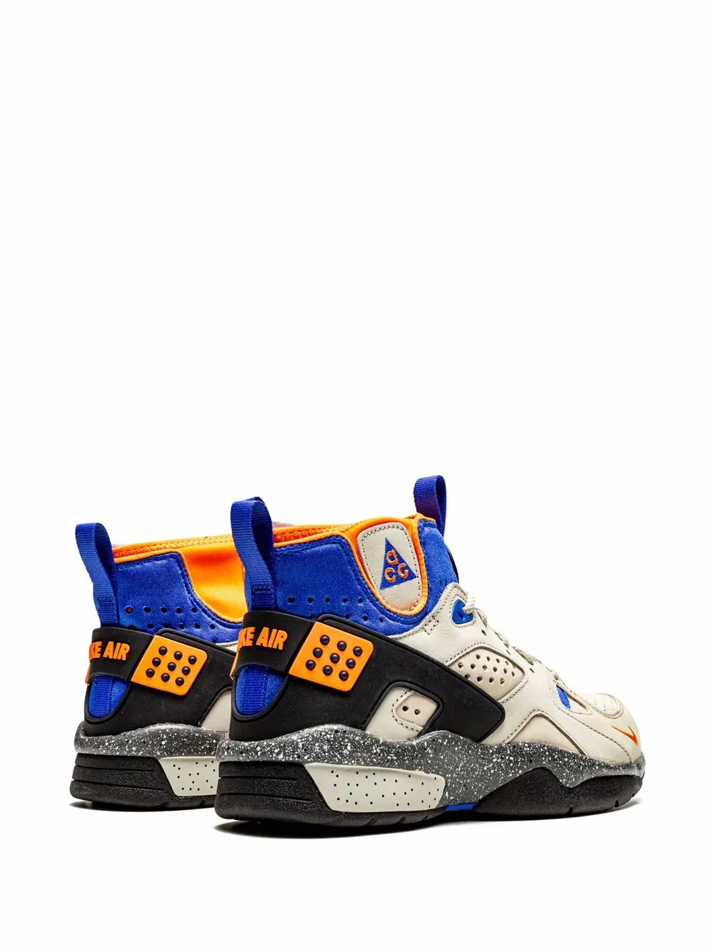 Low-top sneakers in cream with blue collar, orange heel straps, black midsole, tread