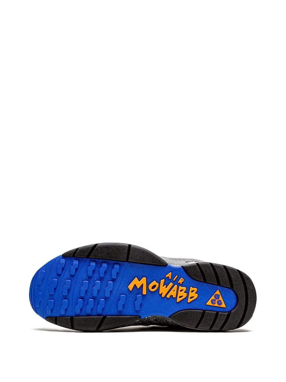 Shoe outsole with blue traction tread, orange Air branding, and black rubber edge