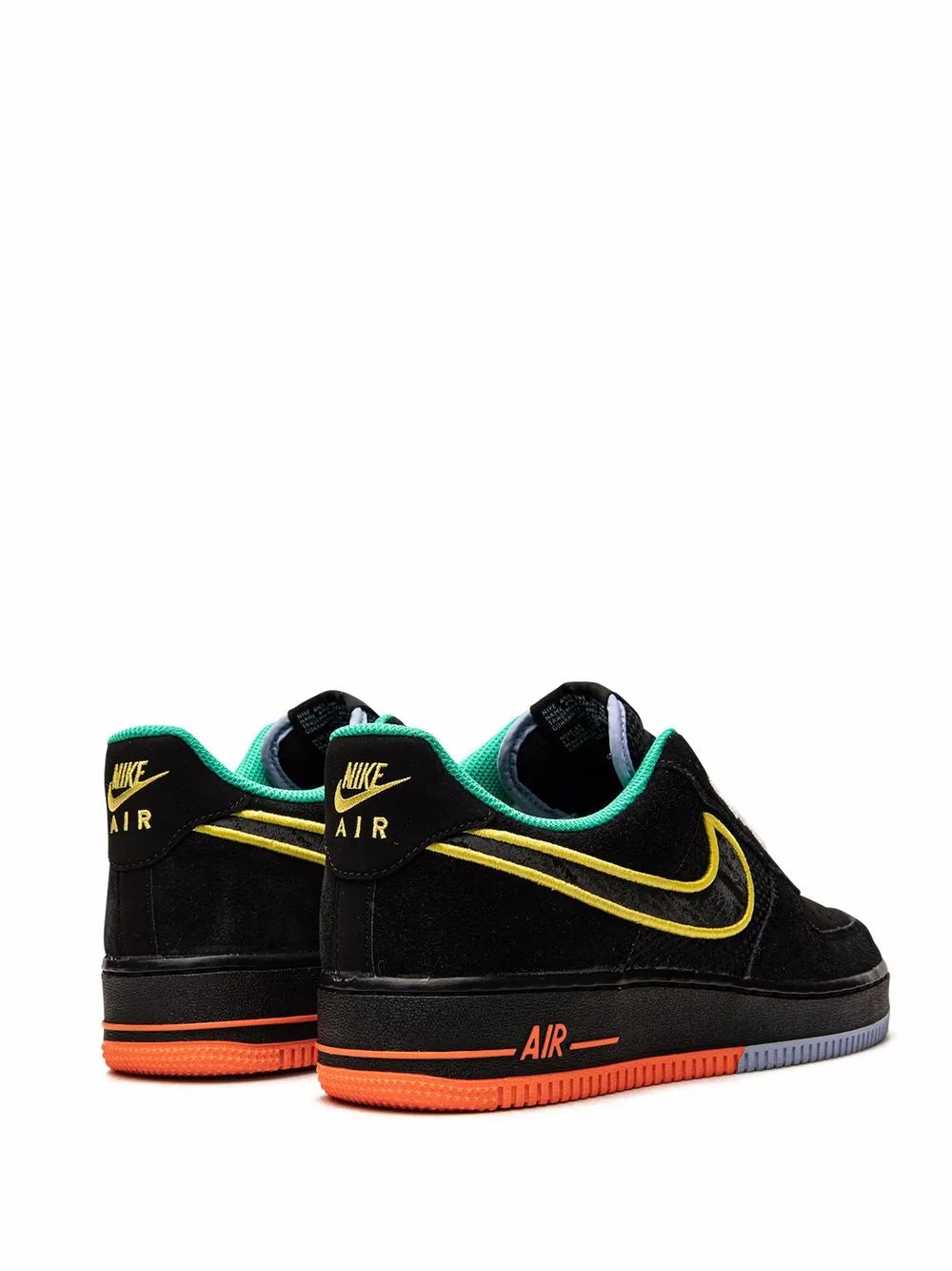 Nike Air Force 1 Low sneakers, black with yellow accents, teal collars, orange soles