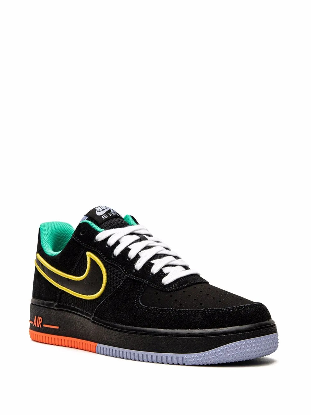 Nike Air Force 1 Low sneakers, black leather with yellow swoosh and teal lining