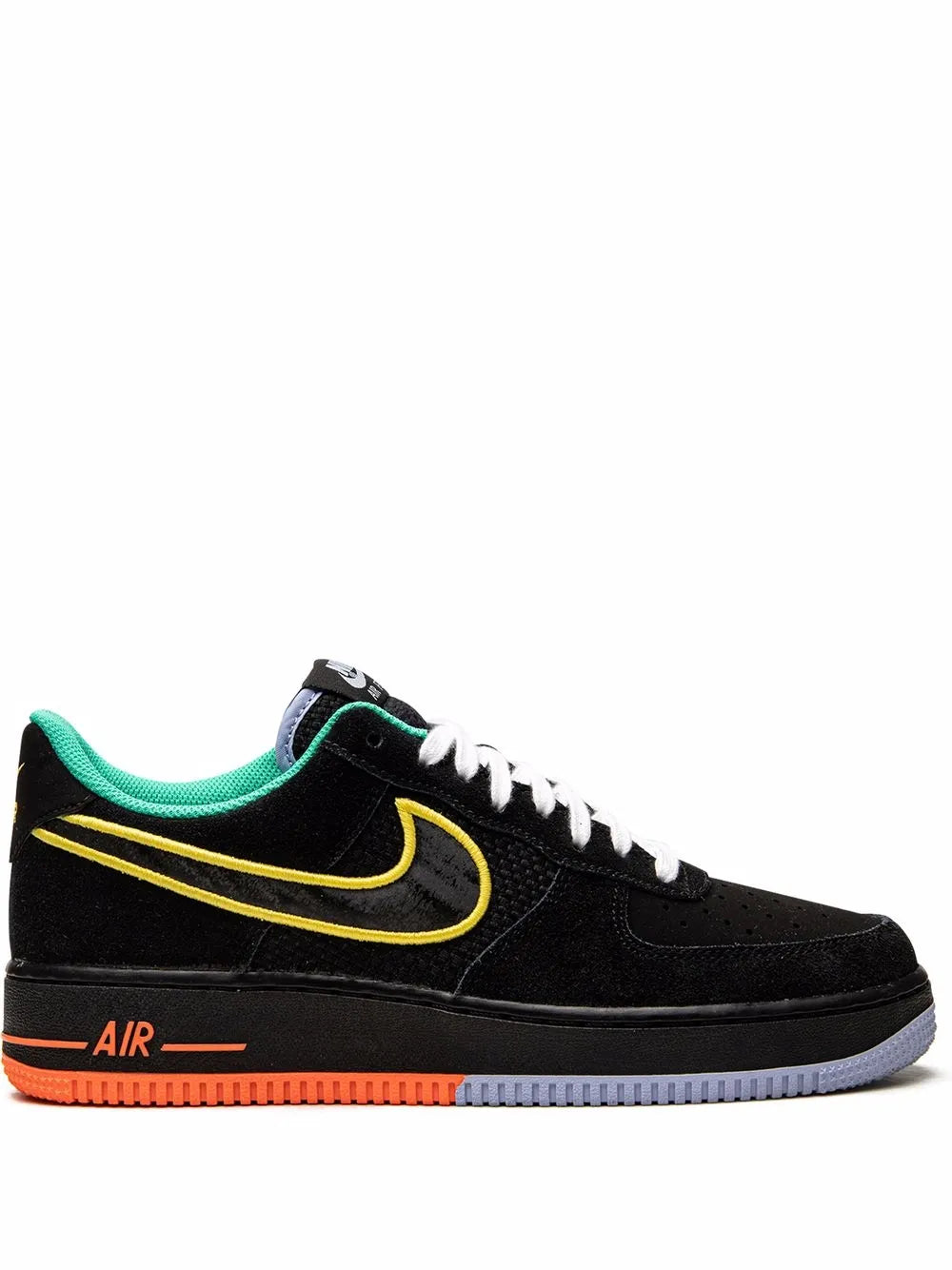 Nike Air Force 1 Low sneakers in black with yellow swoosh, teal collar, orange sole