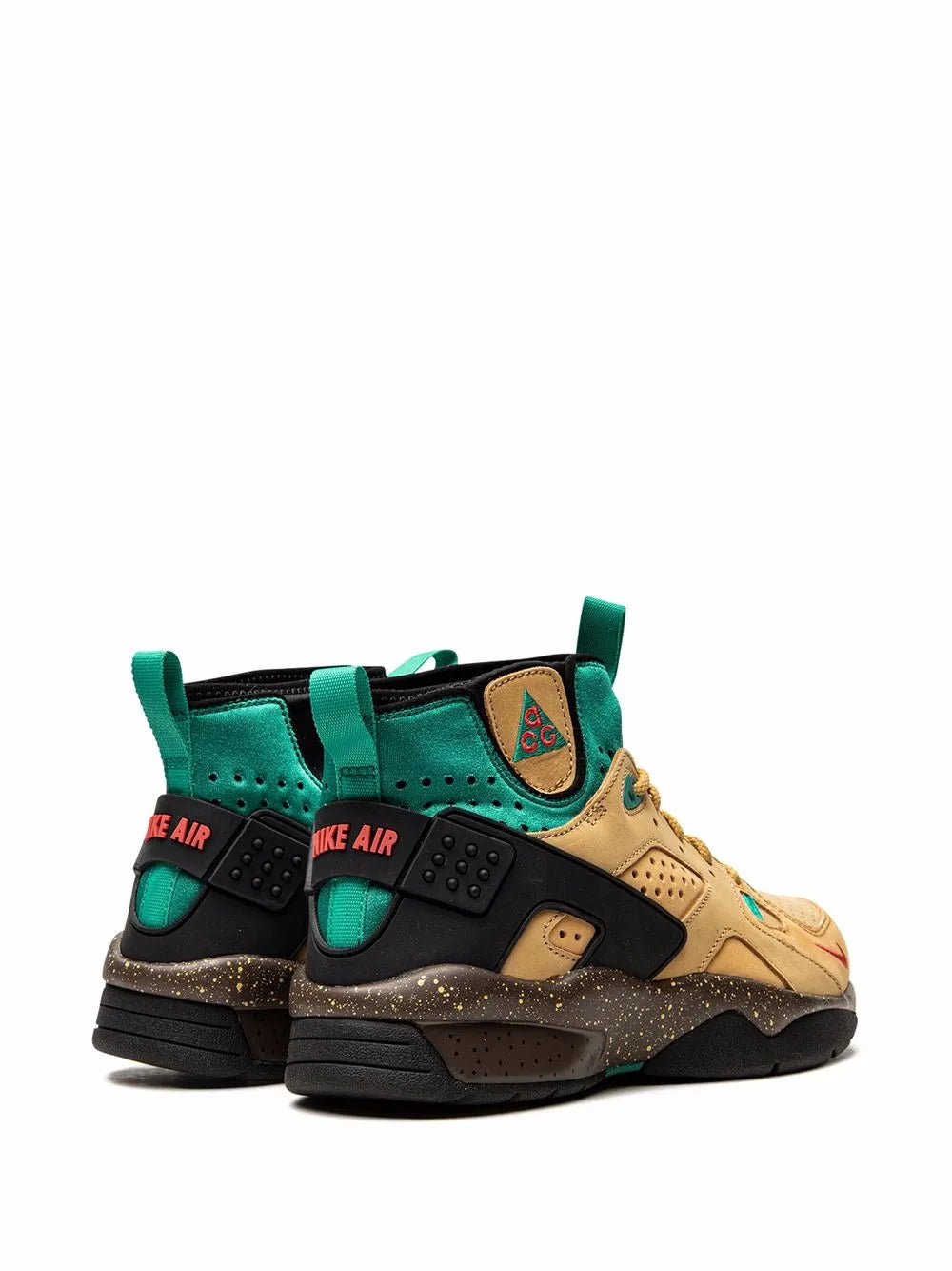 Nike high-top sneakers with teal collar, black straps, and tan perforations