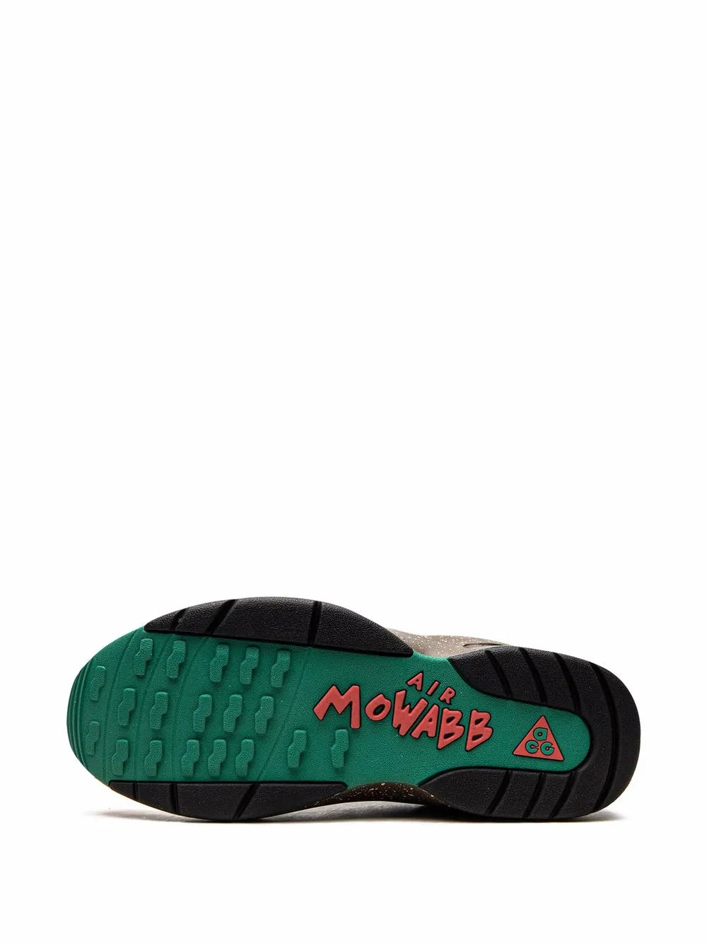 Nike sneaker outsole with green tread and 'Mowabb' lettering