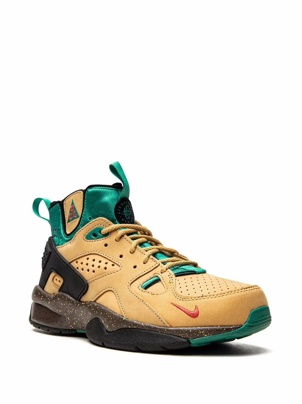Nike high-top sneakers with tan uppers, teal accents, red swoosh, black sole