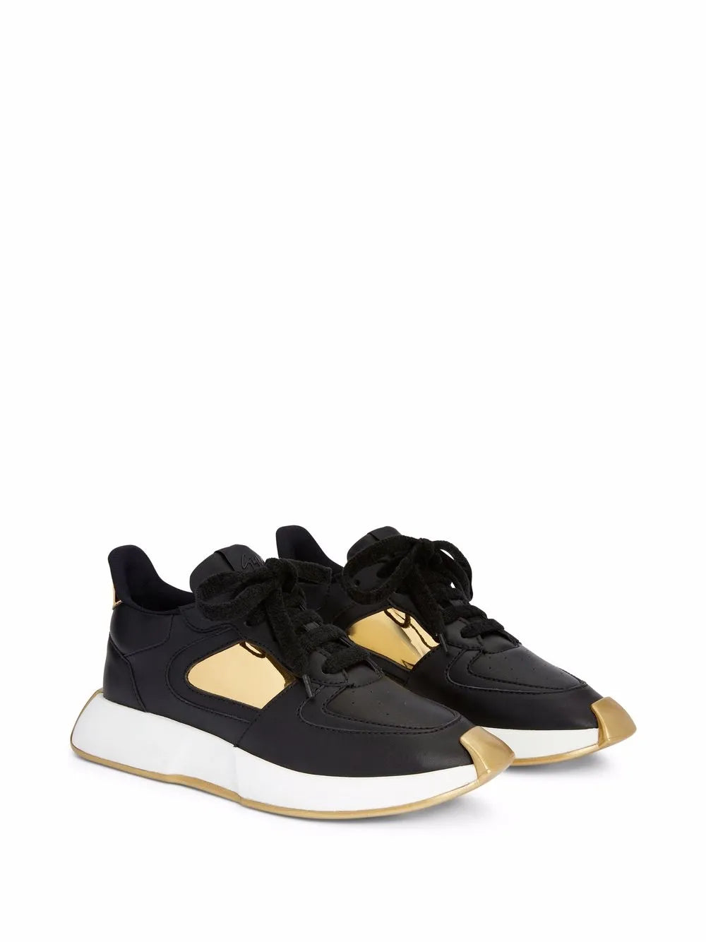 Giuseppe Zanotti Ferox black sneakers with gold accents, black laces, and white sole