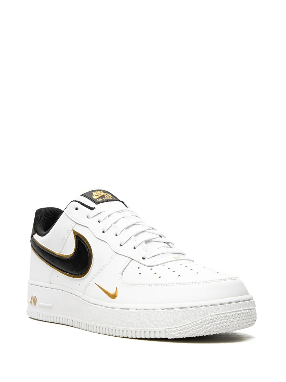 Nike Air Force 1 low-top sneakers in white with black double Swoosh and gold swoosh