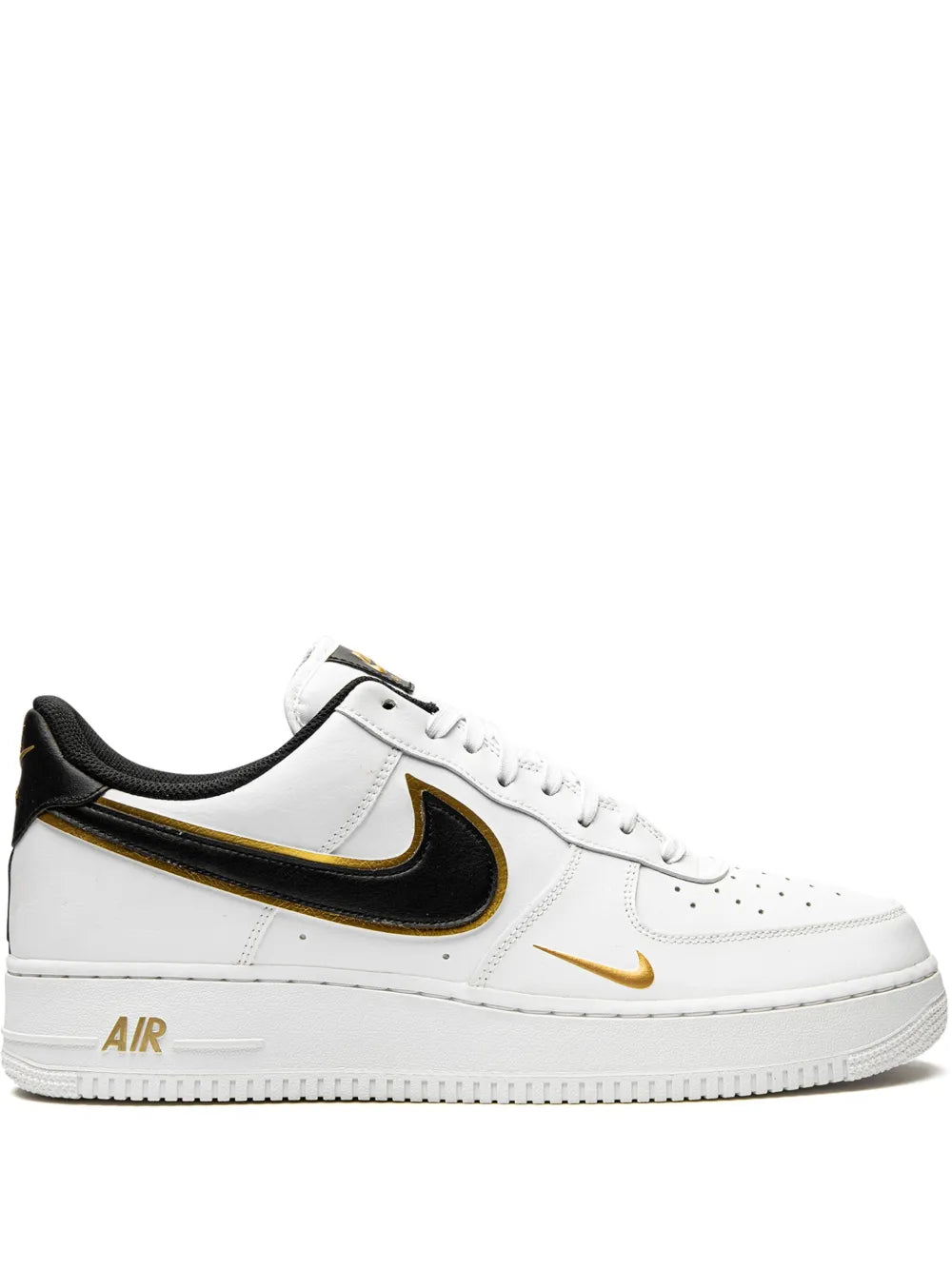 Nike Air Force 1 low-top sneakers, white with black double Swoosh and gold accents