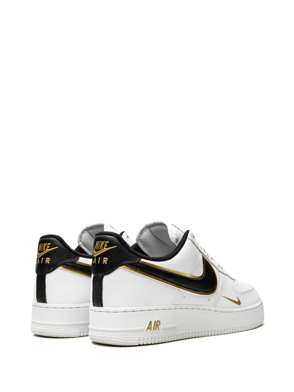 Nike Air Force 1 low-top sneakers, white with black heel tab and black-gold Swoosh