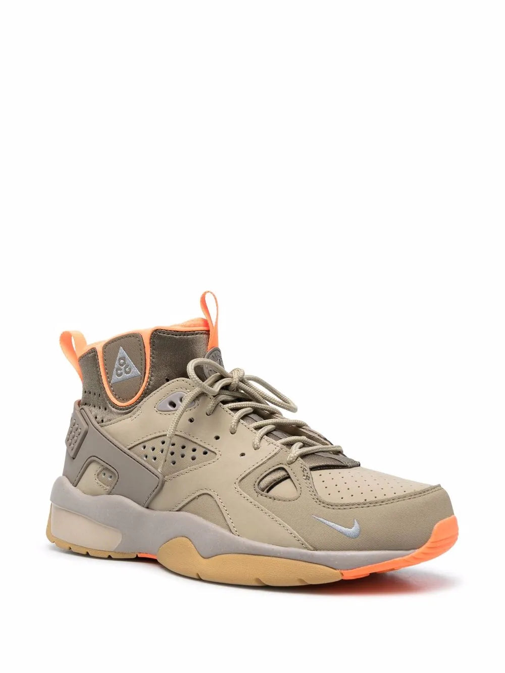 Nike ACG Air Mowabb sneakers, side view, light tan with orange heel trim