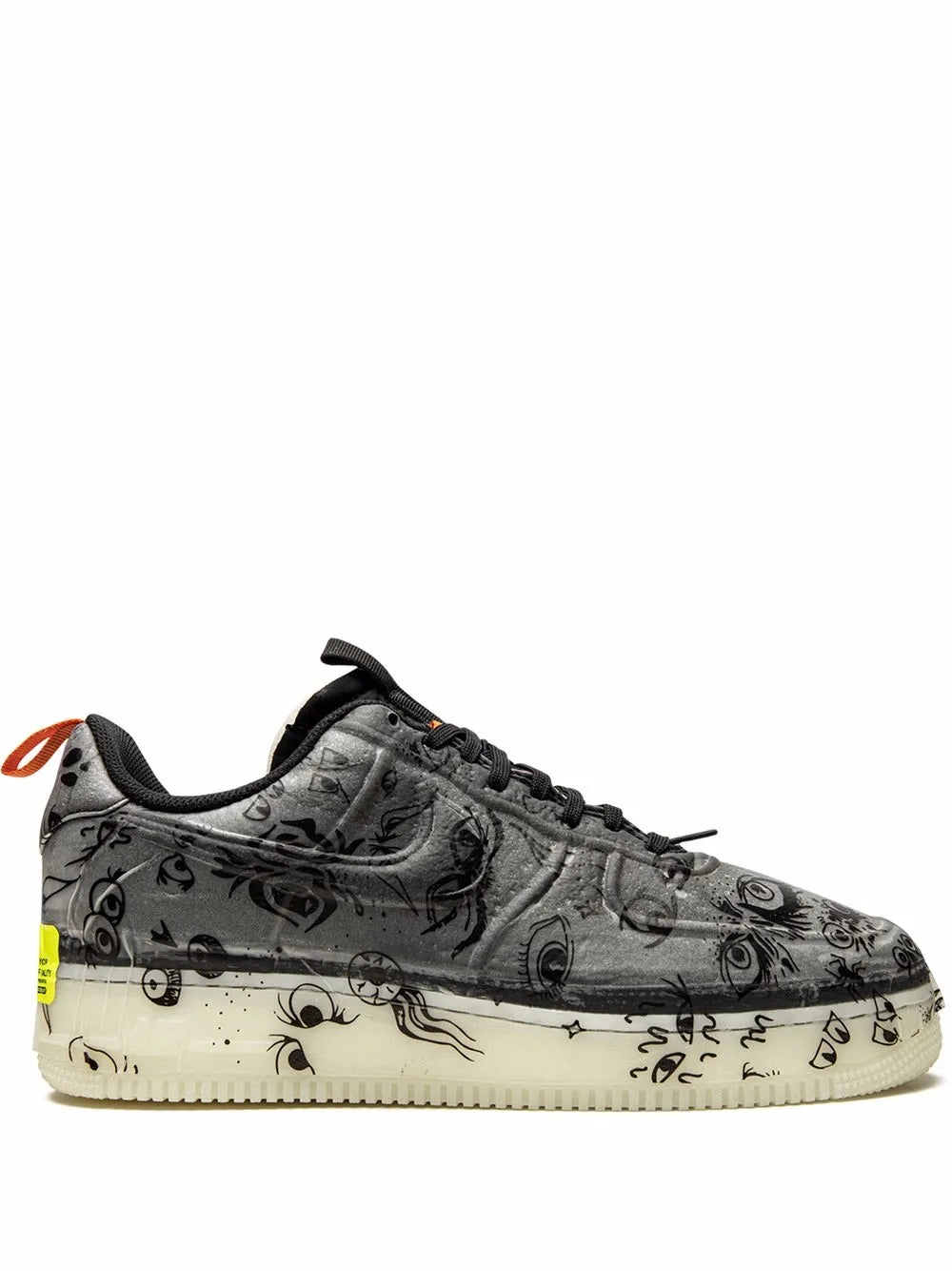 Nike Air Force 1 sneakers, black-gray graphic print, lace-up, off-white sole
