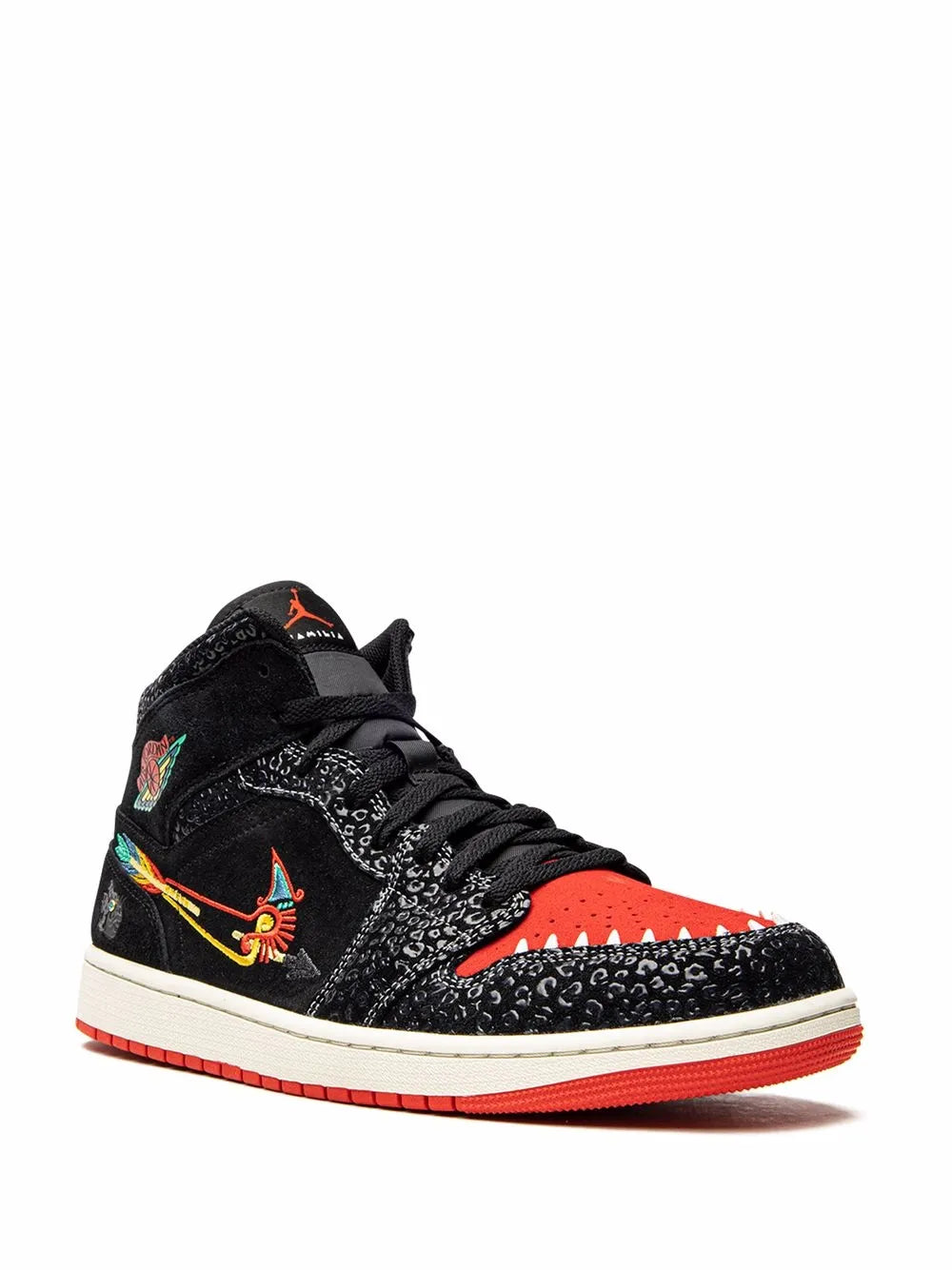 Black mid-top lace-up sneakers with colorful logo and orange-red side panel