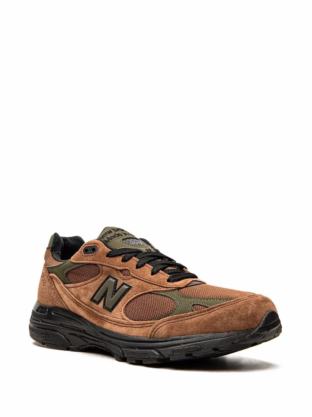 993 sneakers in brown and olive with N logo, lace-up front, textured black sole