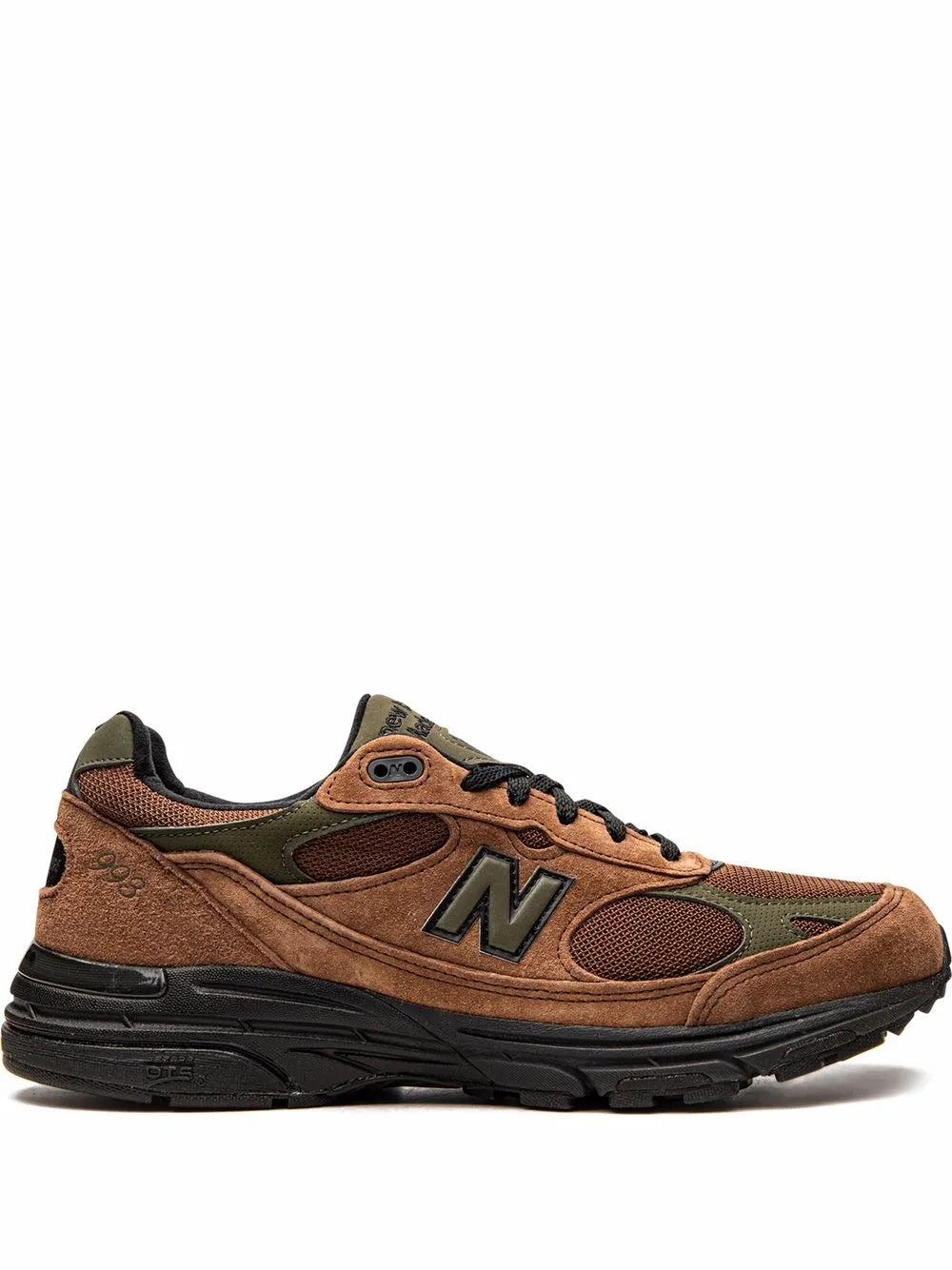 New Balance X Aim Leon Dore 993 brown sneakers with N logo, laces, chunky black sole