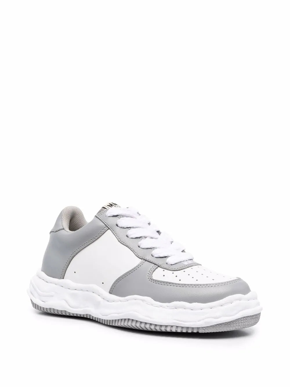 White and light gray chunky lace-up sneakers with perforated toe and padded collar