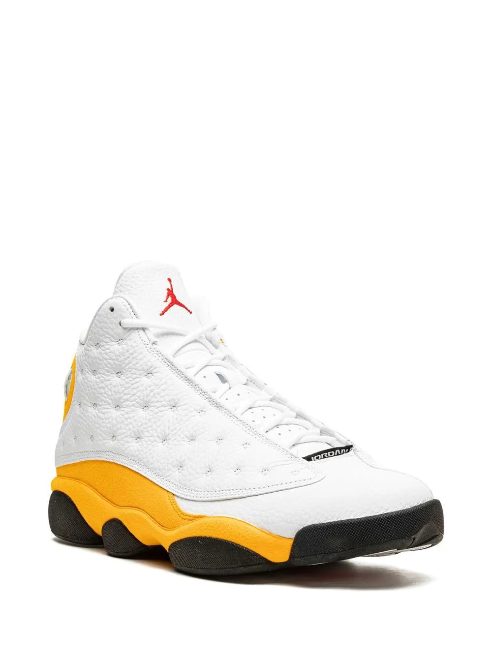 White Air Jordan 13 high-top sneakers with yellow midsole and black outsole