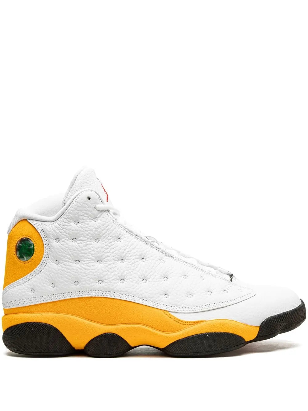 White and yellow Air Jordan 13 low-top sneakers with black rubber sole