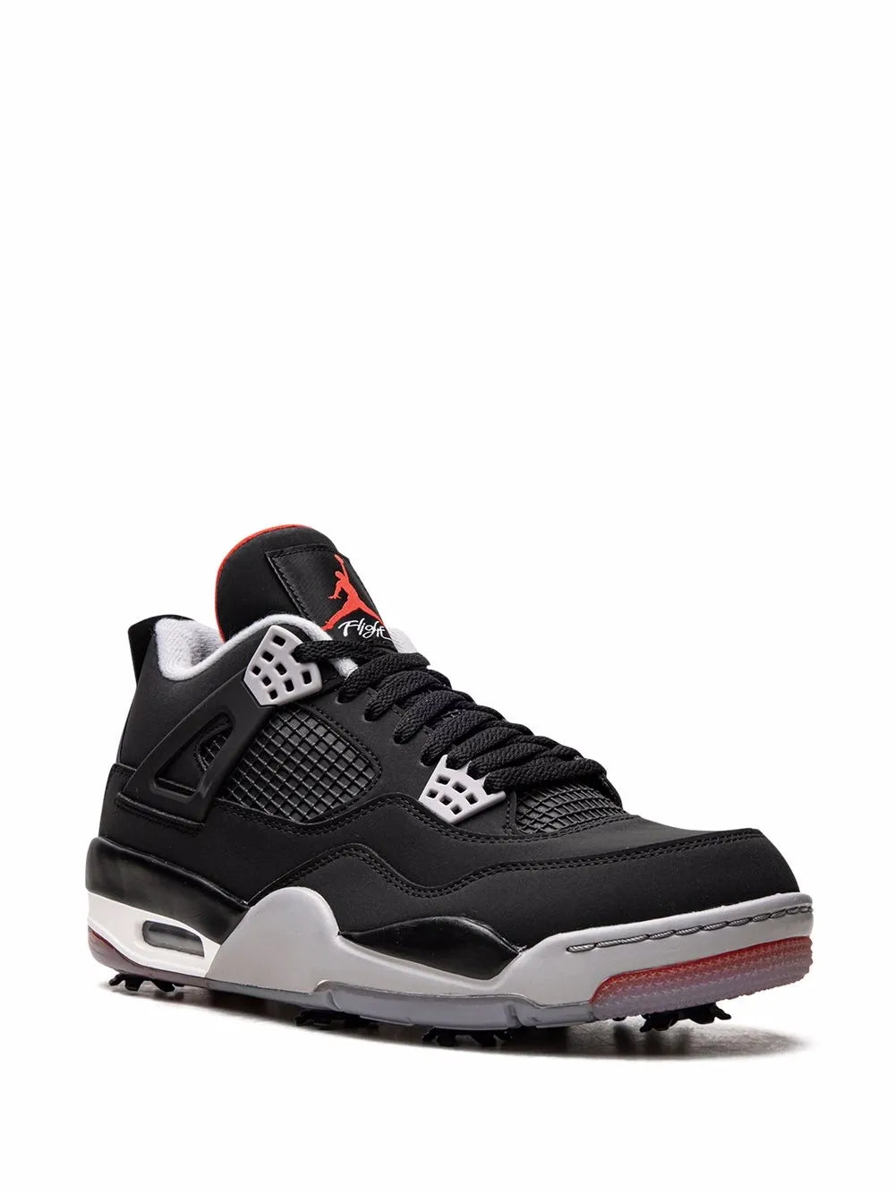 Black golf sneakers with perforated panel, grey midsoles, and red heel lining