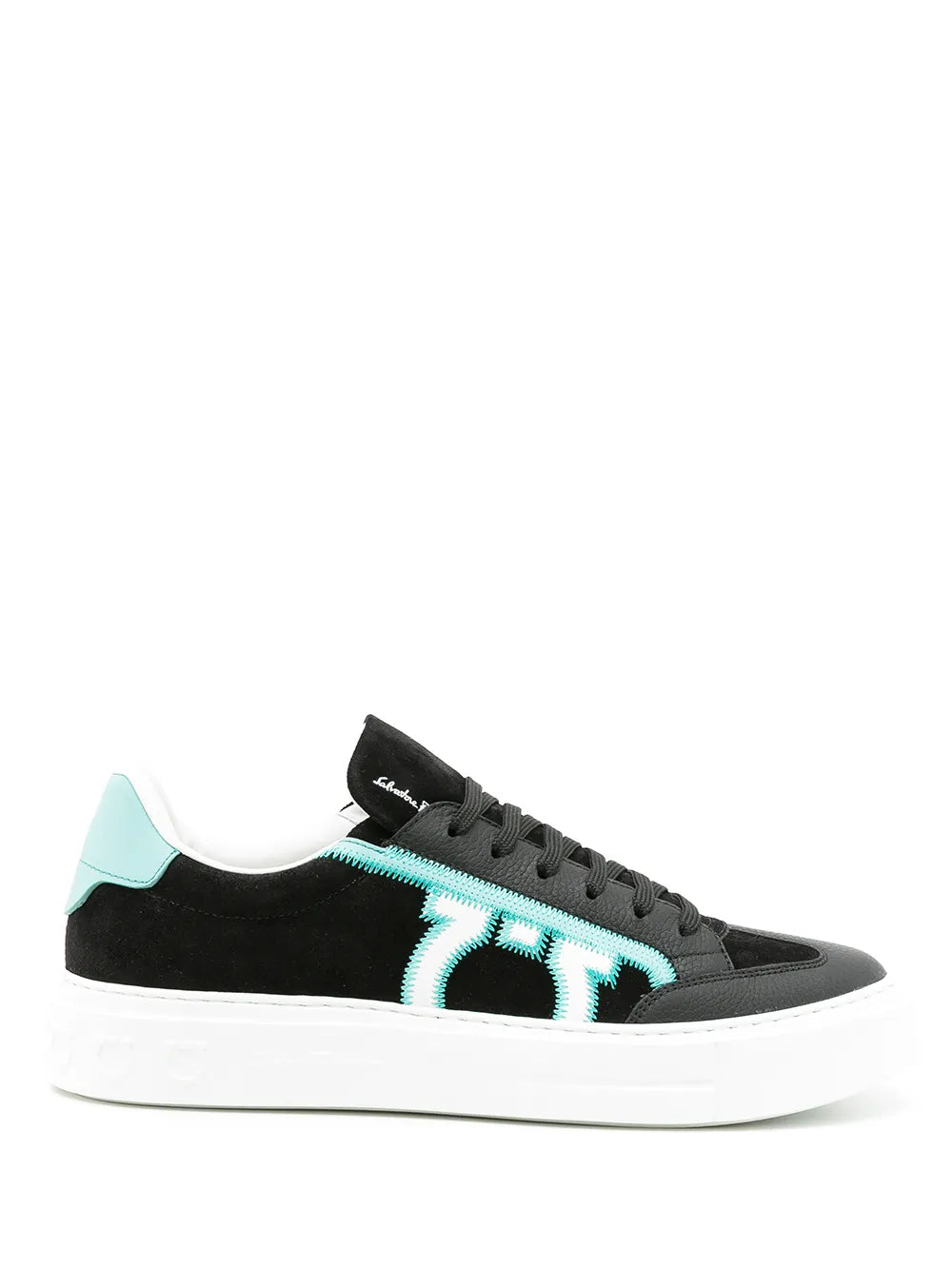 Ferragamo Borg low-top sneakers, black with aqua logo and white sole