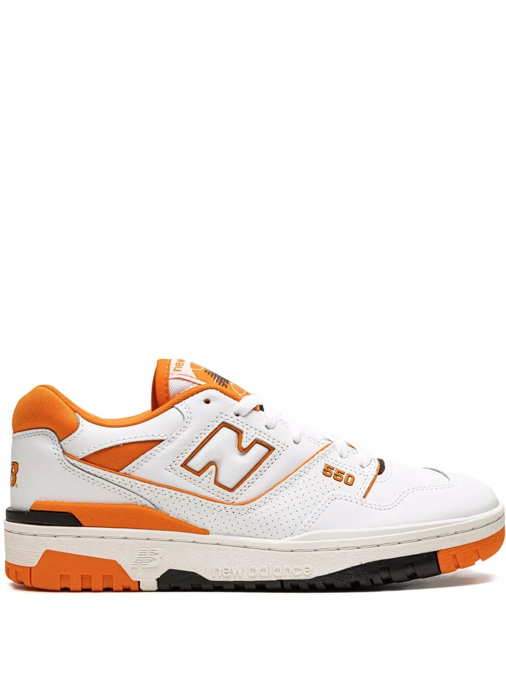 New Balance 550 low-top sneakers in white with orange accents, lace-up side view