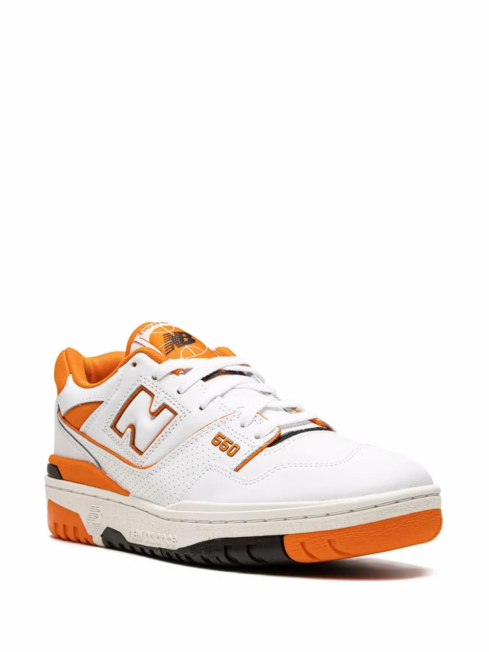 New Balance 550 low-top sneakers, white and orange with '550' logo, front 3/4 view
