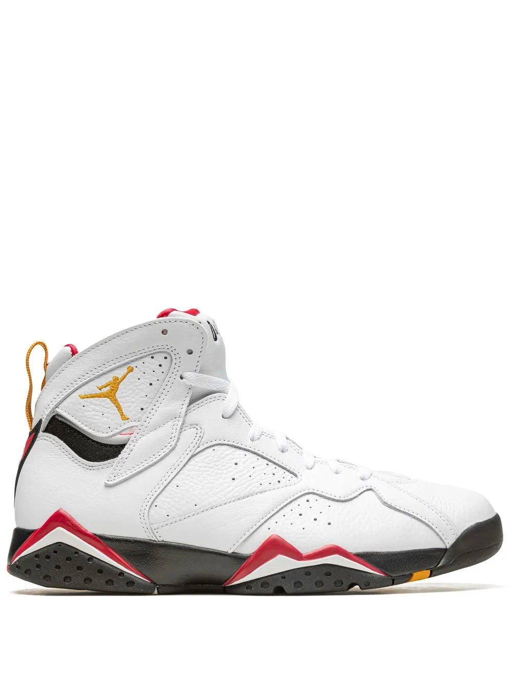 White Air Jordan 7 sneakers with red and black accents, lace-up design