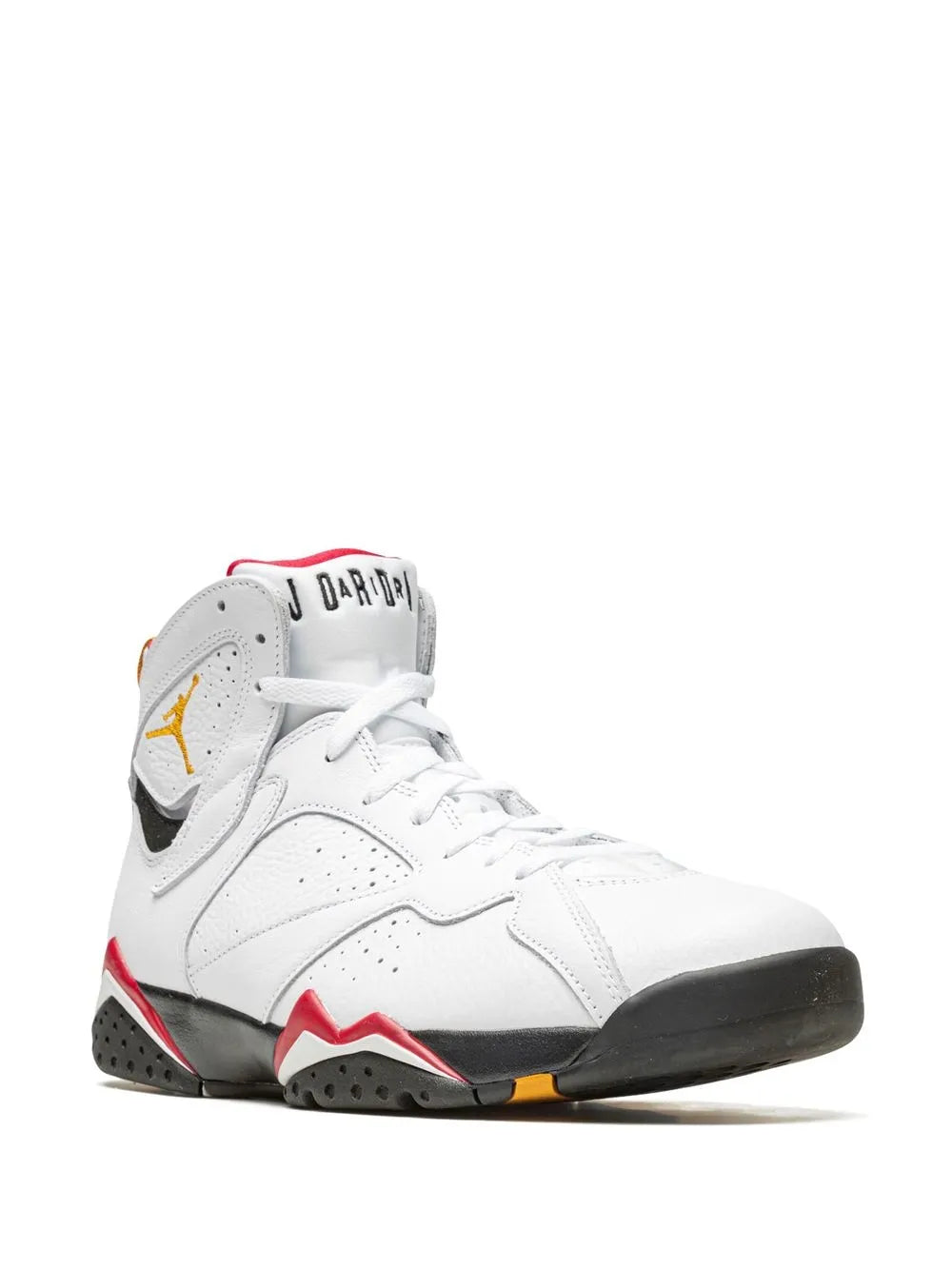 White Air Jordan 7 sneakers, side view with red tongue and black heel panel