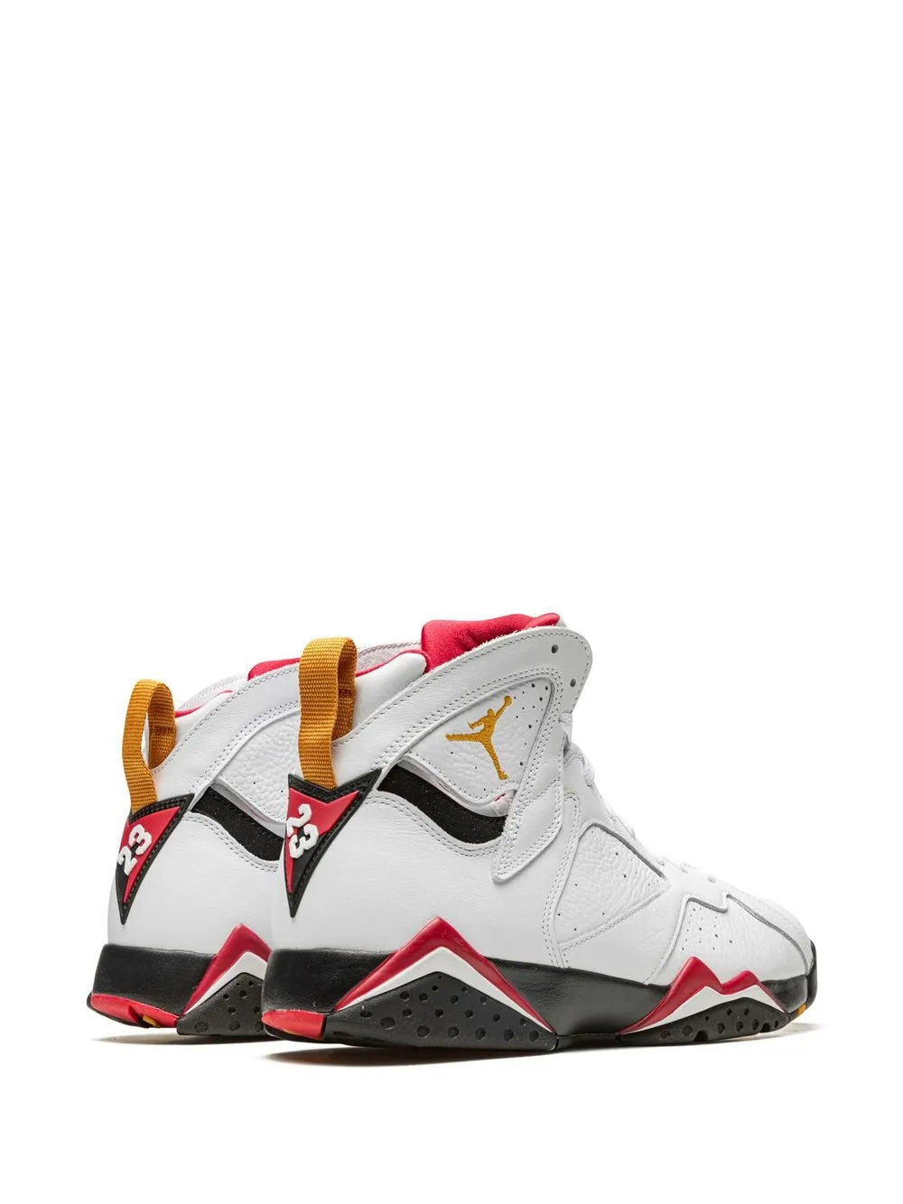 White Air Jordan 7 sneakers with red-black midsole and gold lace loop tabs