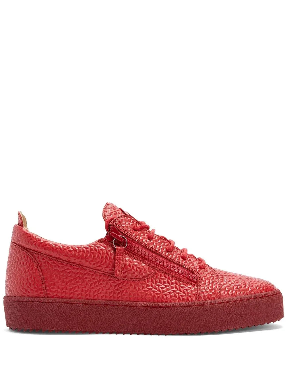 Red textured double-zip low-top sneakers with laces and side zip detail
