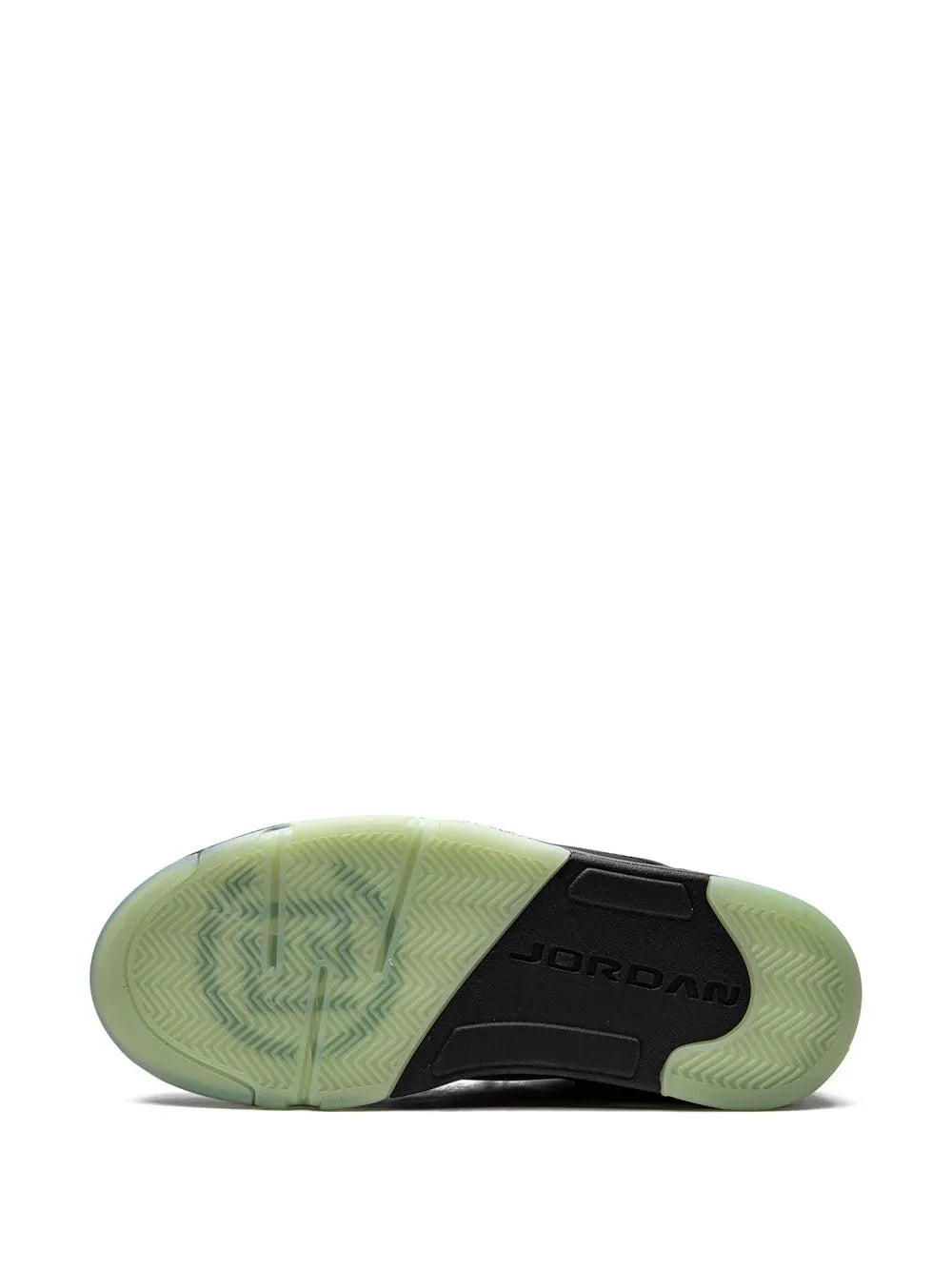 Black sneaker outsole with Jordan logo and light green traction tread