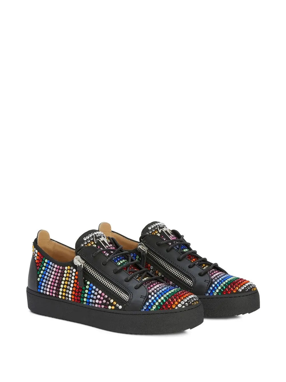 Black low-top sneakers with multicolor rhinestone panels and double side zippers