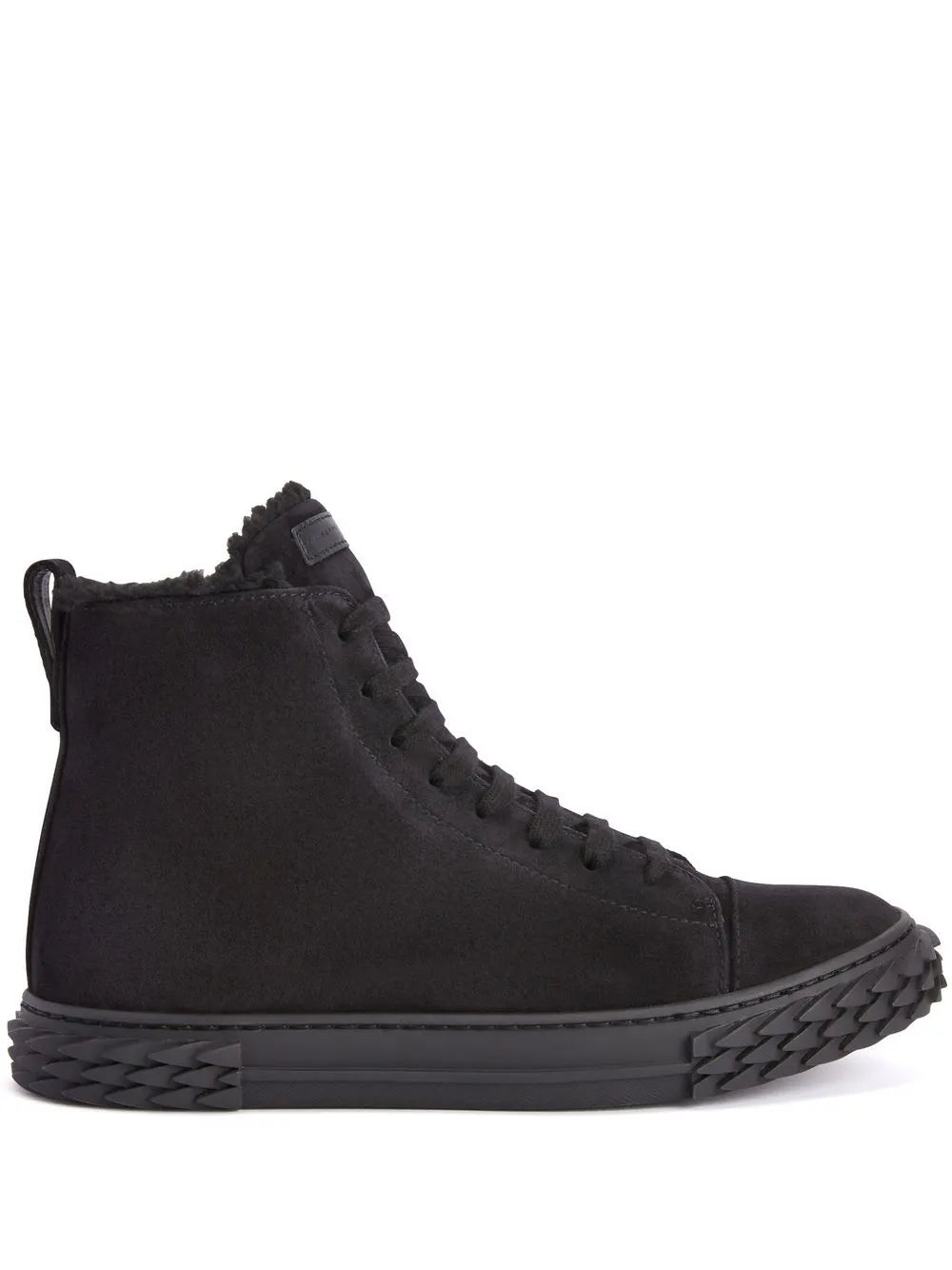 Dark high-top lace-up sneaker with textured sole and fleece lining