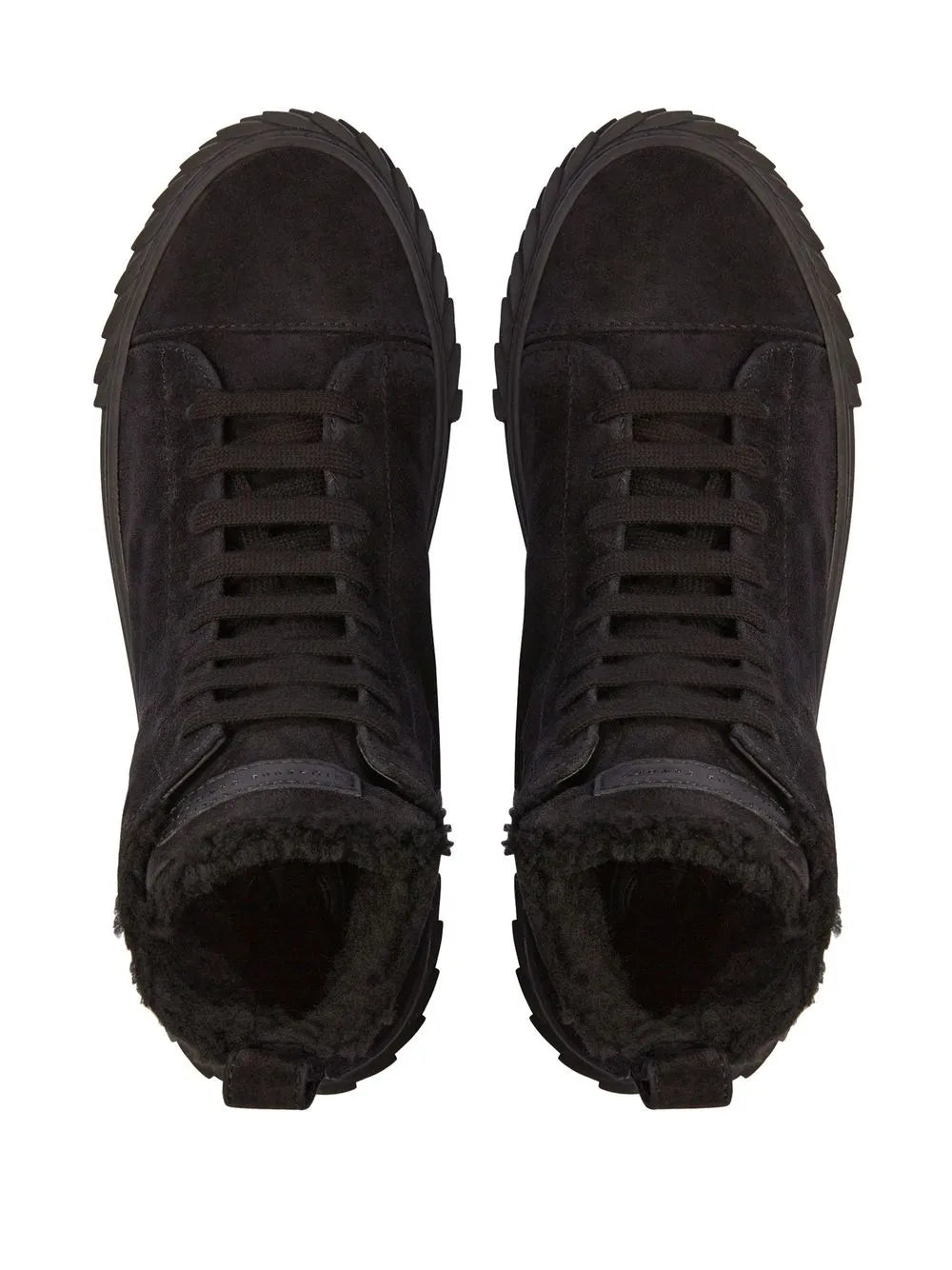Dark high-top lace-up sneakers with rounded toe and fleece lining, front view