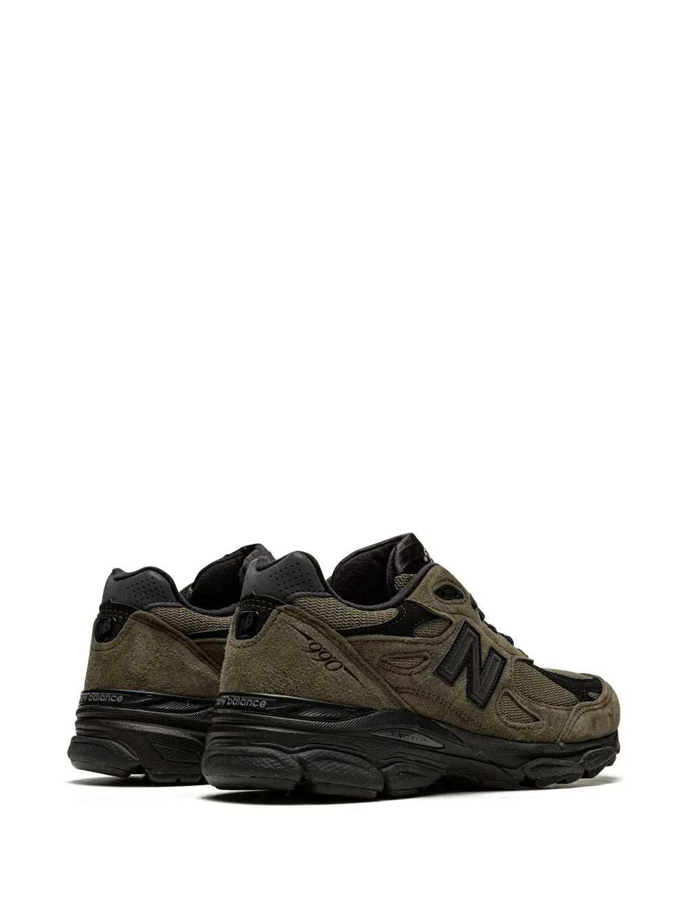 New Balance x Jjjjound 990V3 brown/black sneakers, heel side 3/4 view