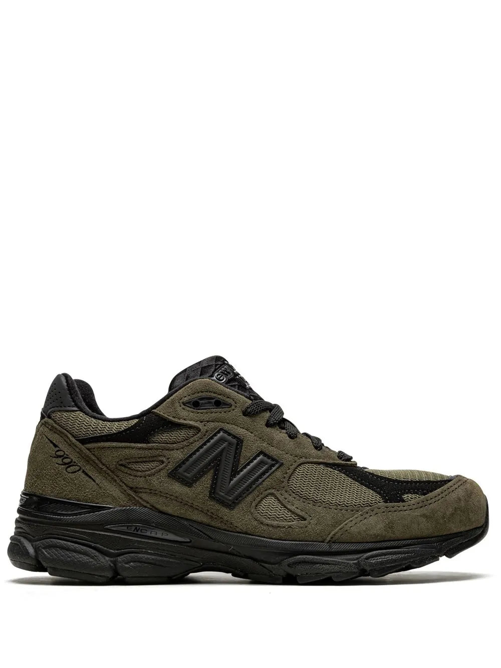 New Balance x Jjjjound 990V3 brown/black sneakers, side view with N logo