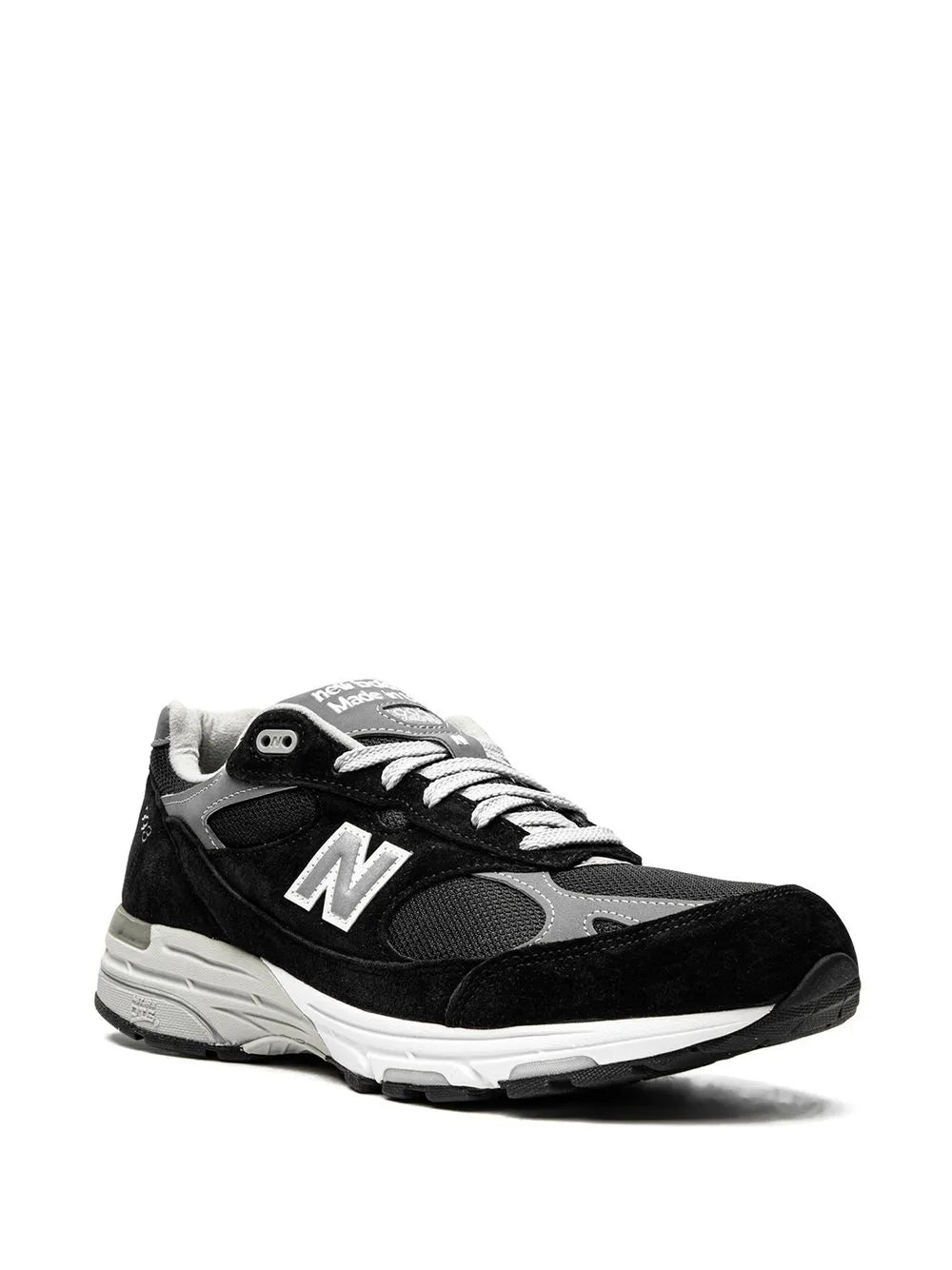 New Balance 993 low-top sneakers, black suede with gray overlays, lace-up front view