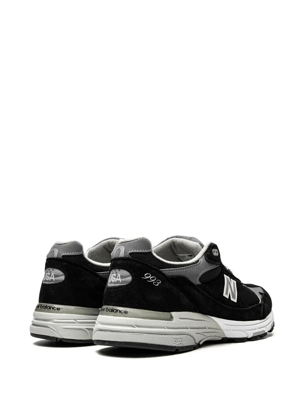 New Balance 993 low-top sneakers, black with gray heel, rear/side view, N logo