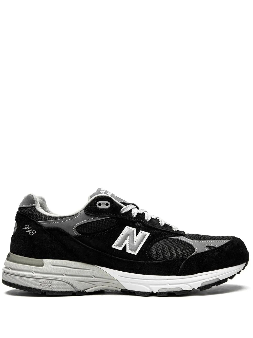 New Balance 993 low-top sneakers, black with gray accents, lace-up, N side logo