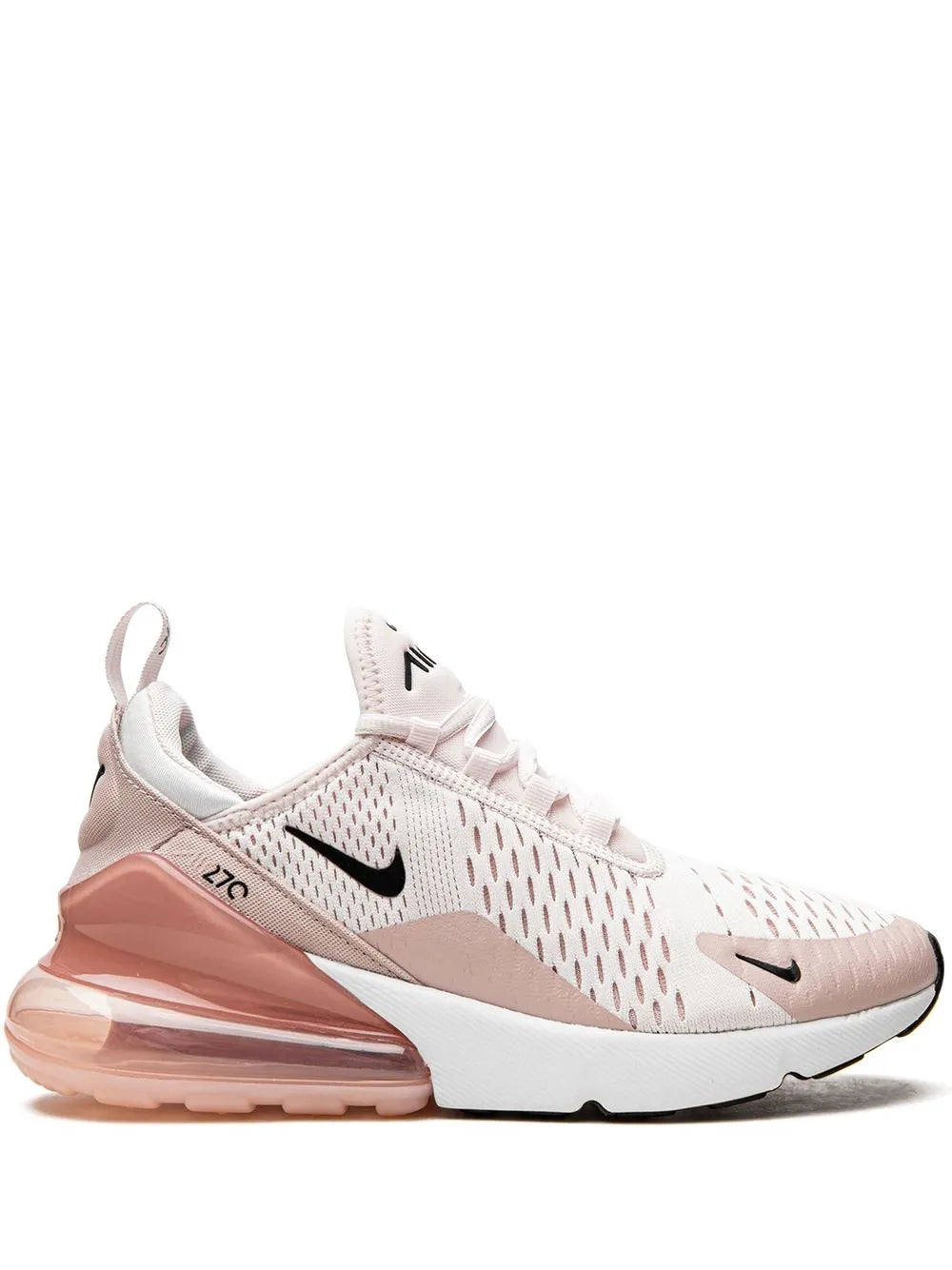 White and pink Air Max 270 lace-up sneakers with Air heel unit and black swoosh
