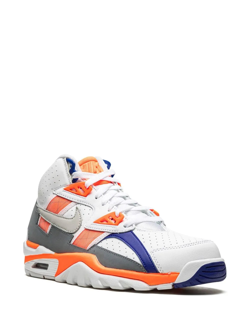 White high-top sneakers with orange laces, blue stripe, gray panels